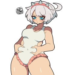 elphelt_valentine headband kekeken_(9vsqgrq7v2wnvby) large_breasts squishing_belly teal_eyes thick_thighs upset white_hair