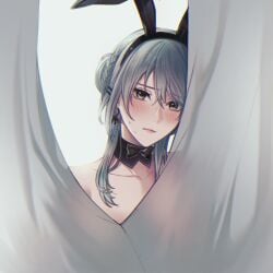 1girls angon623_(artist) behind_curtain big_breasts blue_eyes blue_hair blush bowtie bunny_ears curtains cute hiding_breasts nightingale_(path_to_nowhere) no_bra nude path_to_nowhere sensual shy tied_hair white_background white_skin