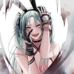 1girls angon623_(artist) behind_curtain blood blue_eyes blue_hair blush bunny_ears crazy crazy_eyes crazy_smile curtains dont_stick_your_dick_in_crazy gloves hands_on_head hiding_breasts long_hair looking_at_viewer no_bra nude path_to_nowhere stiches wendy_(path_to_nowhere) white_background