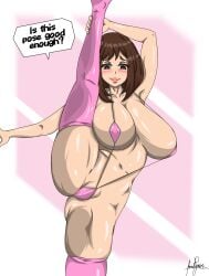 big_breasts bikini boku_no_hero_academia brunette_hair dilane93 holding_leg micro_bikini my_hero_academia ochaco_uraraka short_hair splits standing_split string_bikini thick thick_thighs thighhighs uraraka_ochako