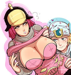 1boy 1boy1girl 1girls 2d 2d_(artwork) big_breasts blonde_hair blush breasts bug_bite color female fetish hot_pants_(jjba) human johnny_joestar jojo's_bizarre_adventure light-skinned_female light_skin looking_at_another looking_at_breasts looking_at_partner male pink_clothing pink_eyes pink_hair pink_nails pinkkoffin revealing_breasts rolled_up_shirt short_hair shounen_jump showing steel_ball_run white_clothes