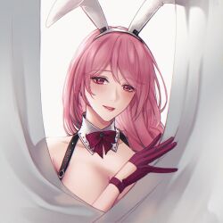 1girls angon623_(artist) anne_(path_to_nowhere) behind_curtain big_breasts blush bowtie bunny_ears curtains gloves hiding_breasts leather_straps lipstick long_hair looking_at_viewer no_bra nude nurse path_to_nowhere pink_eyes pink_hair white_background