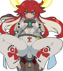 :3 green_eyes guilty_gear halo jack-o'_valentine kekeken_(9vsqgrq7v2wnvby) large_breasts looking_at_viewer multicolored_hair red_hair spread_legs white_hair