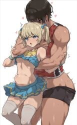 1futa 1girls bangs big_penis blonde_hair blue_eyes breasts brown_hair clothed clothing dark-skinned_futanari dark_skin duo female futa_on_female futa_with_female futanari gym_uniform height_difference highres human implied_futanari kei_(m_k) large_breasts light-skinned_female light_skin m_k mostly_clothed multiple_girls original red_eyes rika_(m_k) sex short_hair simple_background size_difference standing stomach_bulge sweat tall tall_female tan tomboy twintails