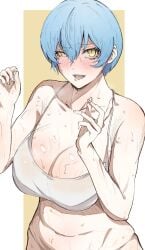 1girls angela_(library_of_ruina) angela_(lobotomy_corporation) big_breasts blue_hair library_of_ruina looking_at_viewer nb8c open_mouth partially_clothed project_moon short_hair smile solo standing sweat yellow_eyes