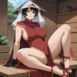 1girls ai_generated arm_support asian_clothing bare_legs bare_shoulders bare_thighs big_breasts black_eyes black_gloves black_hair boruto:_naruto_next_generations breasts busty cape capelet china_dress chinese_clothes commentary dress feet female female_only footwear gloves grin hat headwear huge_breasts indoors kurotsuchi light-skinned_female light_skin looking_at_viewer mature mature_female milf nai_diffusion naked_footwear naruto naruto_(series) naruto_shippuden naughty naughty_face naughty_smile no_bra no_panties no_underwear open_toe_shoes oppai pale-skinned_female pale_skin pinup red_dress sandals short_hair sitting sleeveless sleeveless_dress smile solo solo_focus spread_legs stable_diffusion temptart text thick_thighs thighs topwear tsuchikage url veil watermark web_address