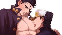 2boys age_difference black_hair diamond_is_unbreakable dilf gay jojo's_bizarre_adventure jotaro_kujo licking_male_nipple male male/male male_nipples male_only saliva selfcest stardust_crusaders tongue tongue_out yaoi younger_male