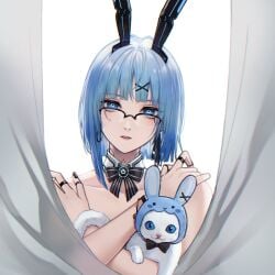 1girls angon623_(artist) behind_curtain black_nails blue_eyes blue_hair bowtie bunny_ears curtains feline glasses hiding_breasts labyrinth_(path_to_nowhere) looking_at_viewer mechanical_bunny_ears no_bra nude path_to_nowhere robot robot_girl short_hair white_background white_skin