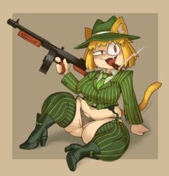 :3 animal_humanoid camel_toe cat_humanoid cigar clothing felid felid_humanoid feline feline_humanoid female footwear garter_straps gun hi_res high_heels holding_gun holding_object holding_ranged_weapon holding_weapon humanoid kryadrawgin legwear mammal mammal_humanoid neco-arc open_mouth open_smile panties pinstripes ranged_weapon sitting smile snaggle_tooth solo spread_legs spreading thigh_highs tsukihime type-moon underwear weapon