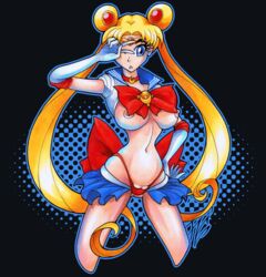 adapted_costume arm_up bishoujo_senshi_sailor_moon blonde_hair blue_eyes bow brooch choker clothing covering_one_eye cropped_legs double_bun elbow_gloves female female_only gloves hair_ornament hallowgazer hand_on_hip highleg highleg_panties large_breasts long_hair looking_at_viewer magical_girl narrow_waist navel no_bra open_mouth panties partially_visible_vulva pleated_skirt pose pussy pussy_cleavage pussy_peek red_panties revealing_clothes sailor_collar sailor_moon shirt shirt_lift showgirl_skirt skimpy_clothes skirt solo tied_hair twintails undersized_clothes underwear usagi_tsukino v very_long_hair white_gloves wink