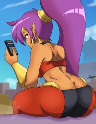 1girls ass ass_focus back_view datwondoude long_hair neutral_expression phone phone_screen pointy_ears purple_hair shantae shantae_(character) sideboob