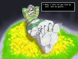 anthro asriel_dreemurr blush bodily_fluids bottomwear bovid bulge caprine clothed clothing covering covering_face embarrassed feet femboy first_person_view flower flower_bed foot_fetish foot_focus goat grass male male_only mammal musk musky_feet navel pants plant sitting sitting_on_ground smile soles solo sweat sweaty_feet talking_to_viewer the_g0lden_0ne topwear undertale undertale_(series) yellow_flower