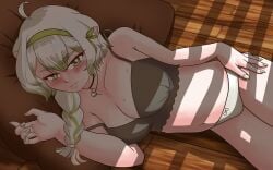 1girls absurd_res ahoge animal_ears big_breasts black_bra blush blushing bra bra_strap_down braid braided_hair breasts cleavage female female_only ferret_girl floor fubuki_tv green_eyes green_highlights green_nails hair_ornament hairband indie_virtual_youtuber laimu large_breasts laying_down lighting lime looking_at_viewer lying_down lying_on_floor lying_on_pillow lying_on_side necklace off_shoulder painted_nails panties partially_clothed pink_nails shade shaded shaded_face shadow smiling solo sweat sweatdrop sweating thighs twitch underwear virtual_youtuber vtuber white_hair white_panties wooden_floor