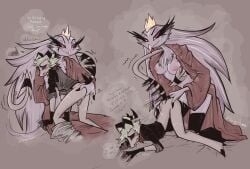 1boy 1girls 2023 2d anal anal_fingering anal_sex avian balls ballsack bathrobe bird breasts climax clothing color demon dialogue english english_dialogue english_text erect_penis erection eyelashes feathers female heart_symbol helluva_boss horns imp male nipples penis precum precum_drip precum_string sheets stella_(helluva_boss) stockings striker_(helluva_boss) tail text twiggietime vivienne_medrano watermark