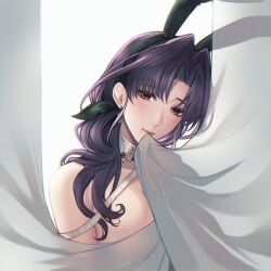 angon623_(artist) behind_curtain big_breasts blush bowtie bunny_ears curtains garofano_(path_to_nowhere) hair_ornament hiding_breasts measuring_tape no_bra nude path_to_nowhere purple_eyes purple_hair shy white_background white_skin