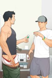 2boys bara bathroom bulge drug drugs erection erection_under_clothes facial_hair itto_(mentaiko) lube male male_only multiple_boys muscle muscles penis piercing tagme toilet underwear undressing viagra yaoi