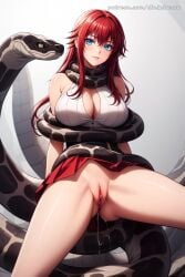 1girls ahoge ai_generated bestiality blue_eyes blush breasts coiling completely_nude completely_nude_female dinixdream female high_school_dxd large_breasts long_hair looking_at_viewer nude nude_female partially_clothed patreon patreon_username red_hair rias_gremory smiling snake snake_bestiality tagme thighs wet_pussy zoophilia