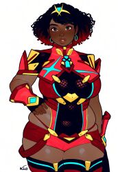 ai_generated alternate_hairstyle alternate_skin_color black_hair black_skin blackened_pyra brown_lips chest_jewel contrapposto core_crystal_(xenoblade) cowboy_shot curly_hair fat fat_rolls female hair_ornament hand_on_own_hip hoop_earrings love_handles pyra pyra_(xenoblade) race_swap red_hair red_shorts robofun shiny_skin short_hair skindentation solo thick_lips thighhighs tiara two-tone_hair very_dark_skin xenoblade_chronicles_2