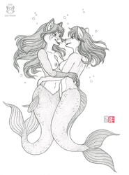 2015 breasts bubble canine duo embracing eye_contact female fox gloves_(marking) hug inner_ear_fluff kacey mammal marine markings merfolk monochrome nude sketch smile underwater water yuri