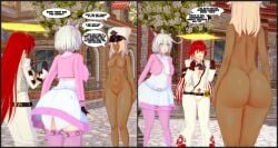 3girls amanwithnoplan ass ass_focus big_ass birthday birthday_suit breasts cfnf chocolate_and_vanilla clothed_female_nude_female dark-skinned_female dark_skin dat_ass elphelt_valentine english_text female female_focus female_only guilty_gear guilty_gear_strive hat headwear huge_ass jack-o'_valentine light-skinned_female long_hair medium_hair multiple_girls naked nude oblivious public public_nudity ramlethal_valentine red_eyes short_hair sisters speech_bubble thick_thighs thighs white_hair wide_hips