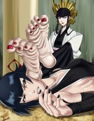 2girls barefoot black_hair black_nails bleach bleach:_the_thousand-year_blood_war breasts f0reverking feet female female_only femdom foot_fetish foot_focus jonathanbn multiple_girls naranjou pedicure red_toenails shutara_senjumaru sideboob soifon soles toes yuri