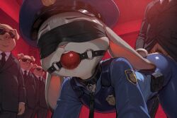 ai_assisted ai_generated balls bdsm_gear blindfold blindfolded bondage bunny_ears bunny_girl dog_leash gangbang judy_hopps mafia moody_hat pig police police_uniform policewoman sex suit zootopia