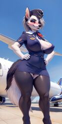 1furry 1girls ai_generated ass big_ass big_breasts big_butt blush breasts butt female flight_attendant furry hellhound helluva_boss looking_at_viewer loona_(helluva_boss) no_bra red_eyes roger1011 short_hair short_skirt thick_thighs thighs wolf wolf_ears wolf_girl wolf_tail
