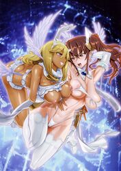 2girls absurdres akutsu_kirara blonde_hair breast_press breasts brown_hair dark_skin high_heels highres inazuma japanese-brazilian kuramoto_erika mahou_shoujo_(raita) multiple_girls nipples panties panty_pull satou_shouji underwear wings yuri