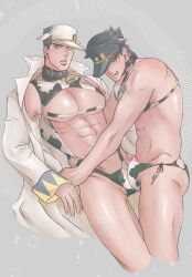 2boys age_difference black_hair cow_costume cow_ears diamond_is_unbreakable dilf erection jojo's_bizarre_adventure jotaro_kujo licking_lips male male/male male_only muscular_male stardust_crusaders