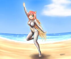 1girls animal_ears beach breasts cat_ears feet female full_body_tattoo green_eyes irezumi large_breasts long_hair open_mouth orange_hair scar seiji_(artist) solo tattoo