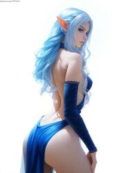 ai_generated arm_gloves ass bare_back bare_shoulders blue_dress blue_eyes curly_hair elf elf_ears large_ass light_blue_hair long_hair looking_at_viewer nai_diffusion original original_character pointy_ears pujopg revealing_clothes revealing_dress sidelocks simple_background slim small_breasts
