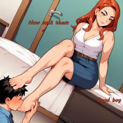 ai_generated barefoot comic dominant_female dominatrix feet female_domination femdom foot_fetish foot_in_mouth foot_lick foot_suck foot_worship gerhard licking_feet licking_foot malesub novelai original pixiv red_hair self_upload soles sucking_toes text toe_in_mouth toe_suck toe_sucking toes toes_sucking