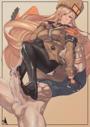 1boy 1girls blonde_hair clothed_sex cum footjob guilty_gear guilty_gear_strive millia_rage penis rat_huang sex sitting_on_person very_long_hair winter_hat