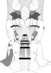 1boy bar_censor blush censored completely_nude crown erection facial_mark fate/grand_order fate_(series) fellatio female flat_chest greyscale kunabishi licking licking_penis looking_at_viewer monochrome nero_claudius_(fate) nipples nude open_mouth oral penis pointy_ears pov queen_draco_(fate) straight sweat tongue tongue_out