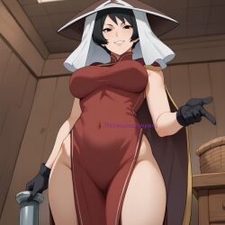 1girls ai_generated asian_clothing bare_legs bare_shoulders bare_thighs big_breasts black_eyes black_gloves black_hair boruto:_naruto_next_generations breasts busty cape china_dress chinese_clothes commentary dress facing_viewer female female_only from_below front_view gloves grin hat headwear holding_object huge_breasts indoors kurotsuchi light-skinned_female light_skin looking_at_viewer mature mature_female milf nai_diffusion naruto naruto_(series) naruto_shippuden naughty naughty_face naughty_smile no_panties no_underwear oppai pale-skinned_female pale_skin pinup pointing pointing_at_viewer red_dress short_hair sleeveless sleeveless_dress smile solo solo_focus stable_diffusion standing temptart text thick_thighs thighs topwear tsuchikage url veil viewed_from_below watermark web_address