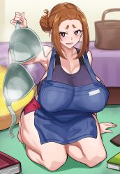 1girls apron big_breasts blue_apron bra breasts busty curvaceous curvy curvy_body curvy_female curvy_figure female huge_breasts kaii_to_otome_to_kamikakushi large_breasts mole mole_under_eye nez-box short_eyebrows small_eyebrows sumireko_ogawa thick_thighs thighs voluptuous