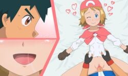 1boy 1girls alternative_costume alternative_outfit amourshipping blonde_hair blue_eyes blush female goodfood78 happy_sex human human_only penis pokemon pokemon_(anime) satoshi_(pokemon) serena_(pokemon) short_serena showcase_outfit spread_legs