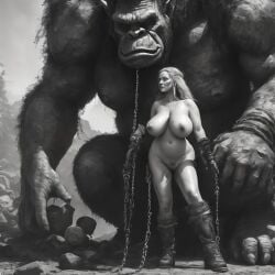 ai_generated alphacock areola areolae aroused blonde_hair breasts busty captured caught chains cocksleeve defeated female forced huge_breasts interspecies massive_breasts monster nipples nude nude_female original_character ready_to_fuck uncensored