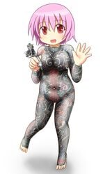 1girls belly_piercing breasts chubby feet female female_only full_body_tattoo huge_breasts irezumi nipple_piercing nipple_rings nipples piercing pink_eyes pink_hair pussy seiji_(artist) solo tattoo translation_request