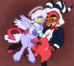 anatomically_correct anatomically_correct_genitalia angel animal_genitalia animal_penis anthro balls big_balls blushing_profusely bodily_fluids bovid bow_tie caprine caprine_demon caprine_penis cherub chimeracocks clothed clothing collin_(helluva_boss) cuntboy defloration demon digitigrade duo genital_fluids genitals half-closed_eyes hand_on_back helluva_boss hi_res hooved_digitigrade hooved_hands hooved_toes hooves humanoid imp intersex male male/male mammal moxxie_(helluva_boss) narrowed_eyes partially_clothed penis sheep shy shy_top size_difference small_wings sweating_profusely tail_wrapped_around vaginal_fluids wings