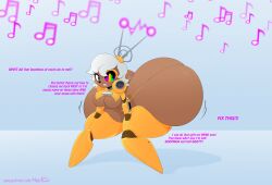 2024 absurd_res anthro ass_expansion brown_body brown_fur cybernetics cyborg female fur gold_boombox_(prevence) green_blue_eyes hair hi_res hyperflannel lagomorph leporid machine mammal musical_note musical_symbol rabbit rabbit_ear_antenna roxie_raboom_(hyperflannel) screen_eyes symbol twerk_hypnosis twerking white_hair