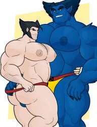 bara beast_(x-men) big_bulge blue_body blue_fur blue_hair blue_skin bulge daddy flaccid gay hank_mccoy logan_(x-men) male male/male male_nipples male_only manly marvel marvel_comics mature_male muscular_male nandarazzi nipples teeth teeth_visible tusks underwear wolverine_(x-men) x-men