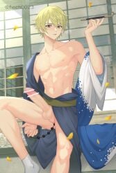 1boy abs anal anal_beads anal_object_insertion bar_censor blonde_hair censored durarara!! erection finch0023 finch_(blanc1771) heiwajima_shizuo japanese_clothes kimono large_penis light_smile looking_at_viewer masturbation medium_hair mosaic_censoring muscular muscular_male naked_kimono object_insertion paid_reward_available penis sex_toy smoking smoking_pipe socks solo testicles toned toned_male yaoi