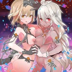 2girls :q blush breasts brown_hair dark-skinned_female dark_skin djeeta_(granblue_fantasy) gloves granblue_fantasy hi_res lingerie multiple_girls nipples pointy_chin red_eyes silver_hair symmetrical_docking tajima_ryoushi tongue tongue_out underwear yellow_eyes zooey_(granblue_fantasy)