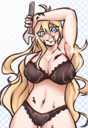 armpits arms_up blonde_female blue_eyes bra busty_female danganronpa danganronpa_v3 detailed_armpit iruma_miu langerie lingerie miu_iruma musk_clouds oil_smudges panties scent_play wafflesbun