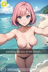 1girls ai_generated beach bikini bikini_bottom blue_eyes cute female fringe inviting_to_sex kuku kukuyolo light-skinned_female manga medium_breasts medium_hair nipples original_character pale-skinned_female petite pink_hair sea seaside seduction seductive selfie slim snapchat social_media teenager topless topless_female