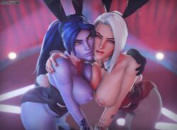 2girls 3d 3d_(artwork) annoyed ashe_(overwatch) blender blender_(software) blizzard_entertainment blue_body blue_hair blurry_background bunny_ears bunnysuit catwalk cuddling female female_only glowing_eyes hasfeldt orange_eyes overwatch overwatch_2 red_eyes red_lipstick watermark white_hair widowmaker