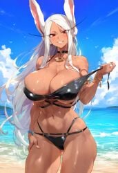 1girls abs ai_generated bare_arms bare_legs bare_shoulders bare_thighs beach big_breasts bikini bikini_bottom bikini_top blush bunny_ears bunny_girl clothed clothing color dark-skinned_female dark_skin female female_focus female_only fit_female hi_res large_breasts long_hair looking_at_viewer meiogun miruko muscles muscular muscular_female my_hero_academia red_eyes rumi_usagiyama sand sea solo solo_female superheroine sweat tagme thick_thighs water white_hair