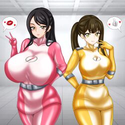 2girls alluring big_breasts black_hair bodysuit brown_hair gogo_sentai_boukenger mamiya_natsuki medium_breasts nishihori_sakura no_helmet olive_eyes pin_up super_sentai treezero yellow_eyes