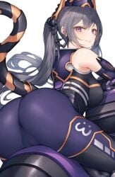 :3 ass ass_focus cybernetics duel_monster female gray_hair i:p_masquerena large_breasts purple_eyes pussy_visible_through_clothes resting tagme_(artist) tail tight_clothing twintails yu-gi-oh!